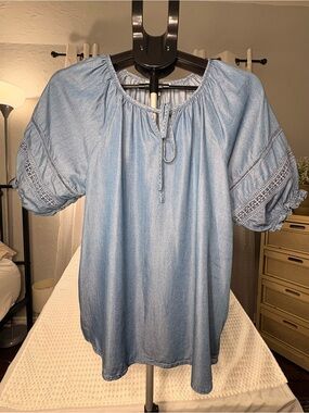 Marissa Olivia Light Blue Peasant Blouse with Tie Neck - Women's Chambray Top S